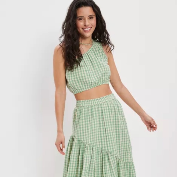 NWT American Eagle Cropped Checkered One-Shoulder Top - Picture 2 of 5